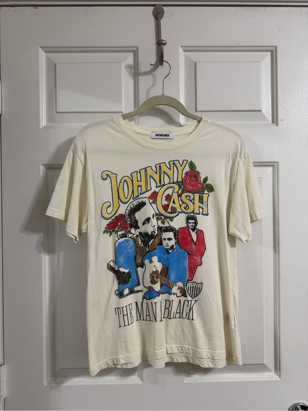 Daydreamer Johnny Cash Graphic Tee - Cream with Blue & Red Print